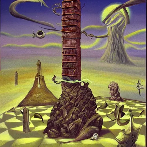 Prompt: the weirdest Wizard and his quest to topple the wicked tower, surrealist landscape painting