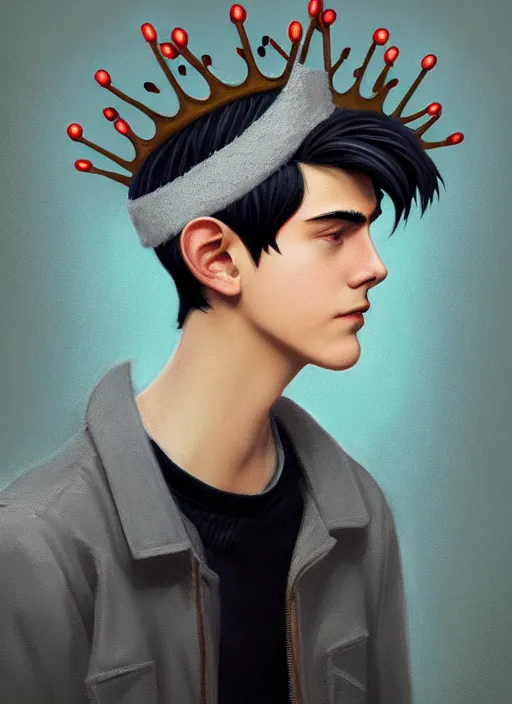 Image similar to portrait of teenage jughead jones wearing a light grey crown, crown, hamburger background, eyes closed, crown, black hair, intricate, elegant, glowing lights, warm lighting, highly detailed, digital painting, artstation, concept art, smooth, sharp focus, illustration, art by wlop, mars ravelo and greg rutkowski