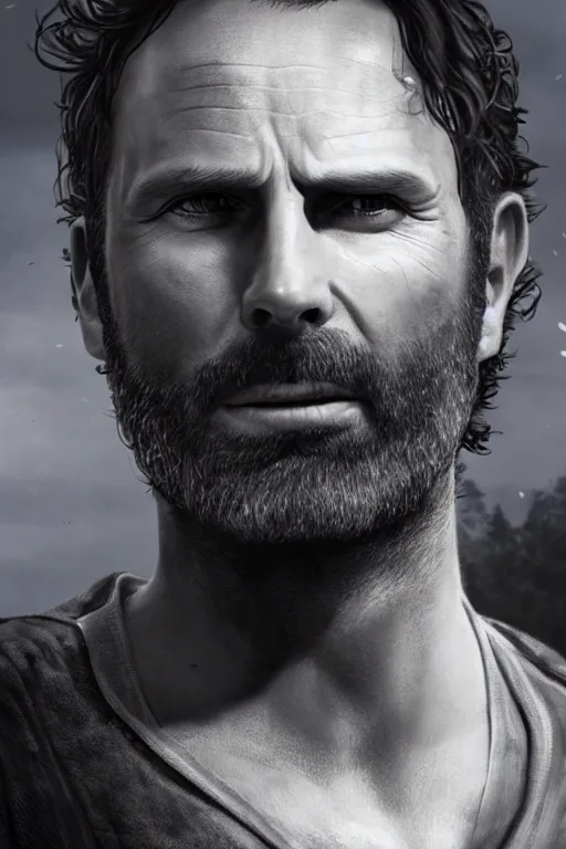 Image similar to portrait art of rick grimes 8 k ultra realistic, digital art, character portrait, highly detailed, trending on artstation, lens flare, atmosphere, hyper realistic, cinematic lightning, sharp focus, unreal engine 5, extreme details perfect face, pretty face, fine - face, illustration, 8 k, ultra texture, masterpiece