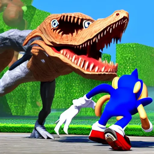 Image similar to Sonic fighting a velociraptor in super smash bros