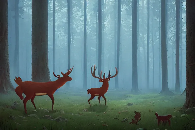 Image similar to Meeting the Forest Guardian, by Simon Stålenhag. Trending on artstation, children book illustration, spirit deer