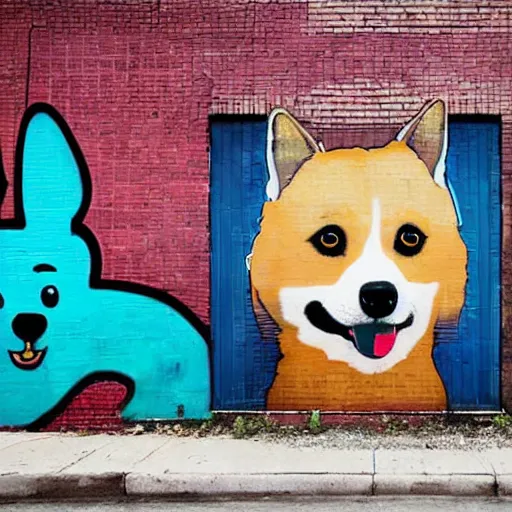 Image similar to brick wall with a mural of a corgi, street art, graffiti, urban landscape, award - winning photograph by david lynch