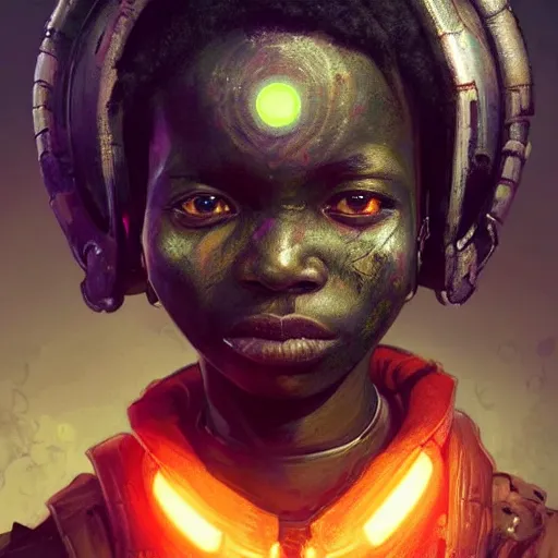 Prompt: a dark and ominous african child soldier with a half robot face and one glowing eye, Apex Legends character digital illustration portrait design, by android jones and greg rutkowski in a cyberpunk voodoo style, detailed, cinematic lighting, wide angle action dynamic portrait