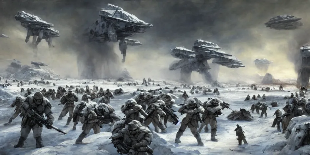 Image similar to the battle of hoth, rebel soldiers fighting enormous at - at walkers painted by jan matejko and grzegorz rutkowski. oil on canvas, sharp focus, cinematic atmosphere, detailed and intricate, perfect anatomy, detailed and intricate environment and characters