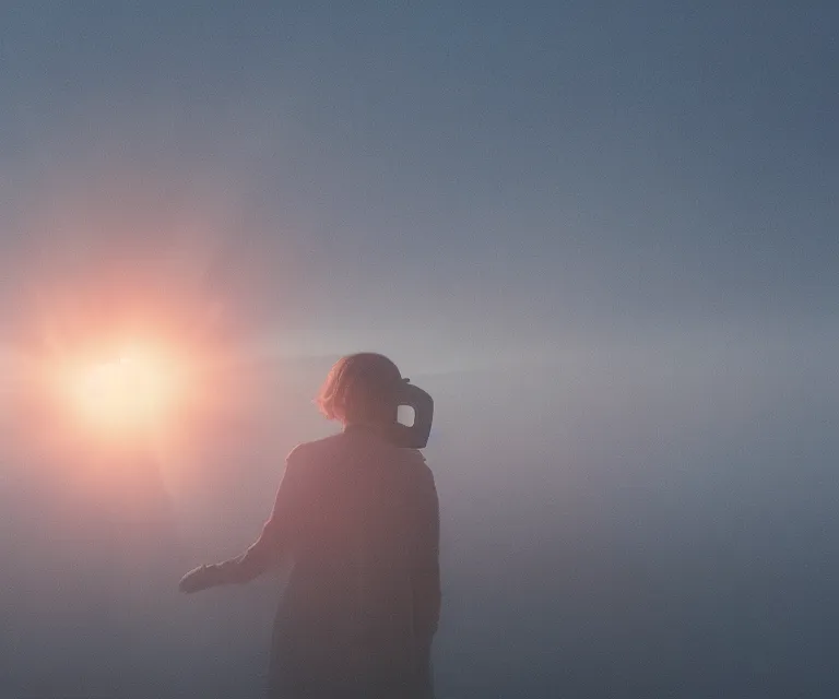 Prompt: gorgeous sunrise lighting : node - based visual programming language ( glowing patch cables looping oled volumetric windows ) scale model floating in midair in front of me : brilliant daylight vr os ux emerging from the thick fog, leica 8 k still from an a 2 4 film