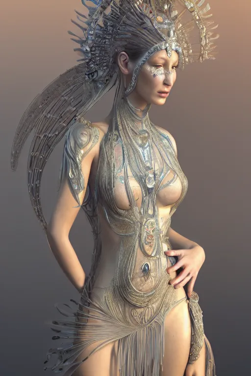 Prompt: a portrait of a beautiful ancient alien woman goddess bella hadid aphrodite standing in iris van herpen dress jewelery and fractals in style of alphonse mucha art nuvo dmt trending on artstation made in unreal engine 4