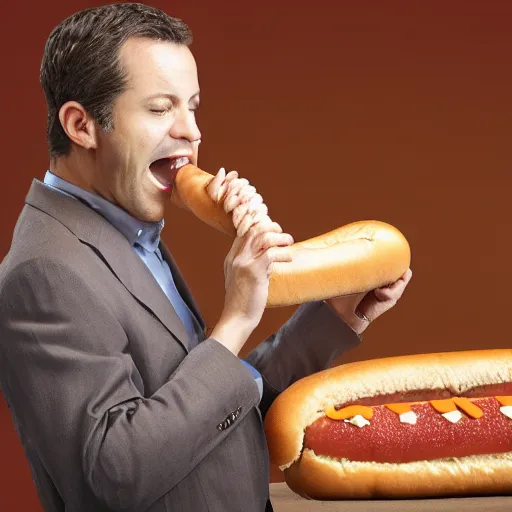 Image similar to a ceo eating a very large hot dog, photograph, sepia