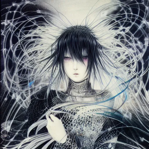 Image similar to yoshitaka amano blurred and dreamy illustration of an anime girl with black eyes, wavy white hair fluttering in the wind wearing elden ring armor and engraving, abstract black and white patterns on the background, noisy film grain effect, highly detailed, renaissance oil painting, weird portrait angle, blurred lost edges, three quarter view, blue and white color palette