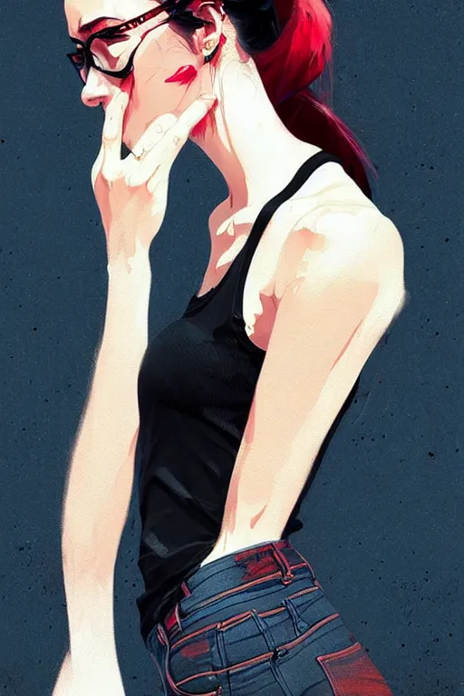 Image similar to a ultradetailed beautiful painting of a stylish woman in with a ponytail, she is wearing a black tank top and jeans, by conrad roset, greg rutkowski and makoto shinkai trending on artstation