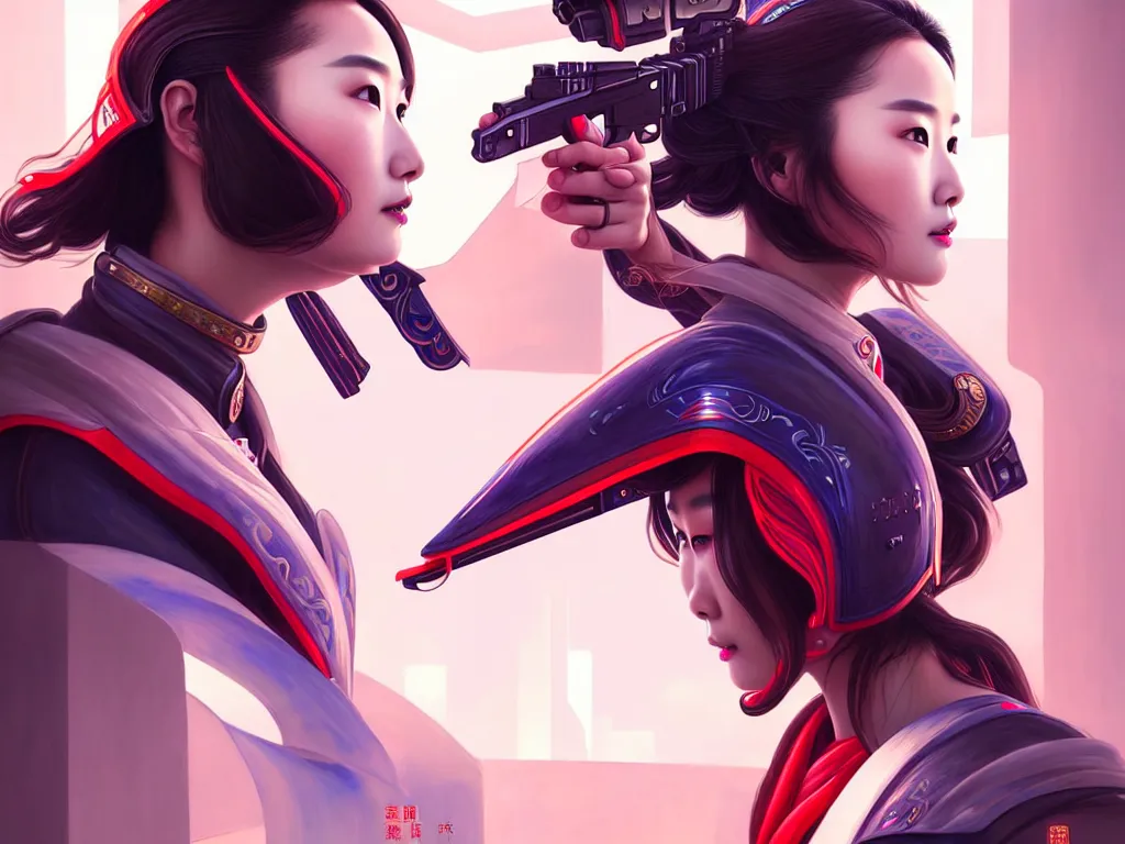 Image similar to portrait yang mi, futuristic china police uniform female, at future neon light rooftop, ssci - fi and fantasy, intricate and very very beautiful and elegant, highly detailed, digital painting, artstation, concept art, smooth and sharp focus, illustration, art by tan zi and ayanamikodon and alphonse mucha and wlop