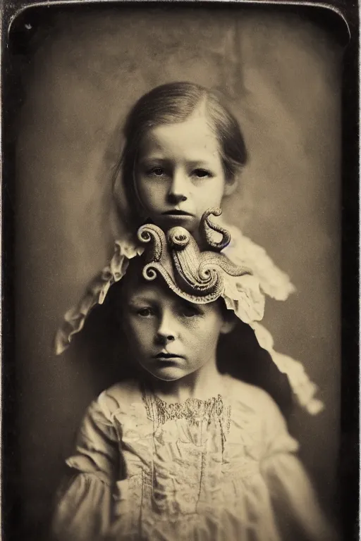 Image similar to wet plate photograph portrait of victorian octopus child with an octopus head, dressed in a victorian - era clothing, head is an octopus, dramatic lighting, highly detailed, smooth, sharp focus