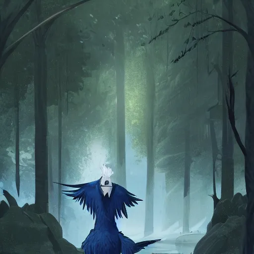 Image similar to concept art painting of an anthropomorphic albino raven wearing dark blue robes, in the deep forest, realistic, detailed, cel shaded, in the style of makoto shinkai and greg rutkowski and james gurney