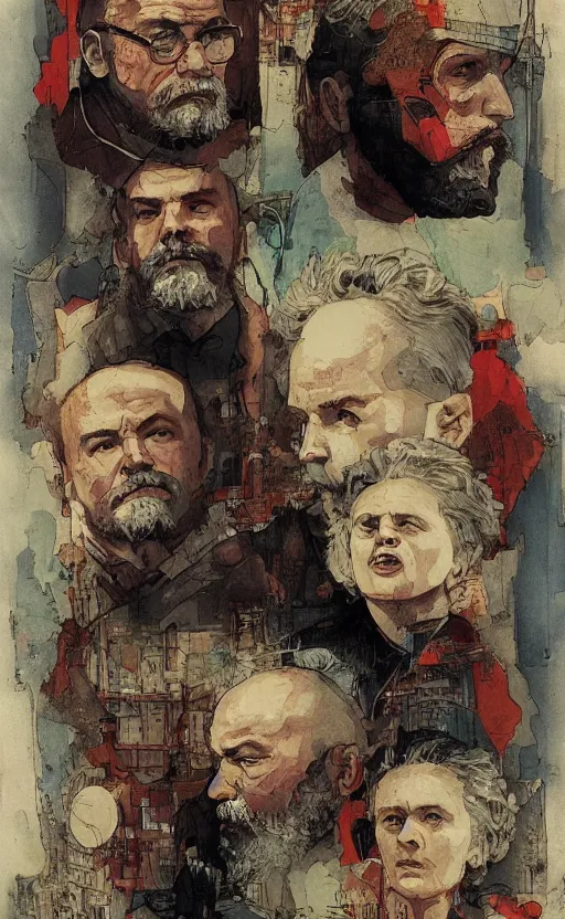 Image similar to lenin and marx and marie curie, eun emerging from renaissance italy into a cyberpunk mutiversal realm by conrad roset, nicola samuri, dino valls, m. w. kaluta, jakub rebelka, rule of thirds, seductive look, beautiful