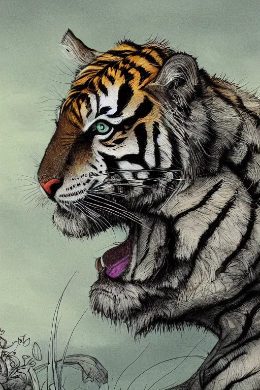 Prompt: immaculate tiger, in the style of Greg Broadmore and Arthur Rackham and Moebius,trending on artstation, light lighting side view,digital art,surrealism ,macro,blueprint ,vaporwave ,