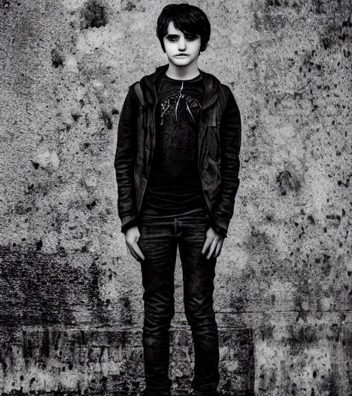 Image similar to an 8 5 mm professional portrait of nico di angelo, a 1 5 year old boy with pale olive skin, black sullen eyes, long black hair, a reluctant smile, detailed professional photography, night lighting, defiant, ghosts theme, volumetric lighting