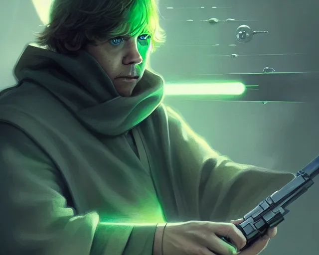 Image similar to photography of luke skywalker, deep focus, science fiction, star wars, green mist, intricate, elegant, highly detailed, digital painting, artstation, concept art, matte, sharp focus, illustration, art by artgerm and greg rutkowski and alphonse mucha