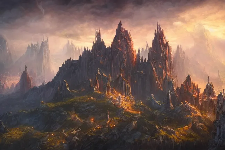 Image similar to high aerial shot, fantasy landscape, sunset lighting ominous shadows, cinematic fantasy painting, dungeons and dragons, a port city with an elvish fortress inspired by the syndey opera house by jessica rossier and brian froud and hr giger