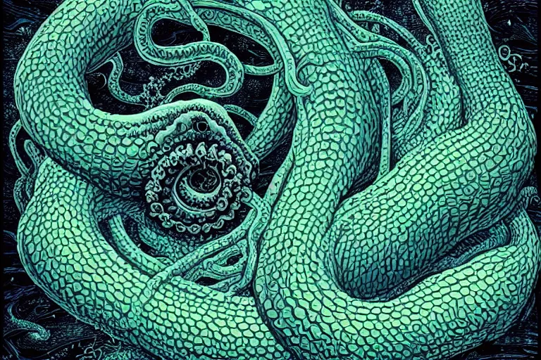 Prompt: a giant lovecraftian tentacle creature gripping a black hole by dan mumford, digital art, photorealistic, vivid colors, highly detailed, intricate