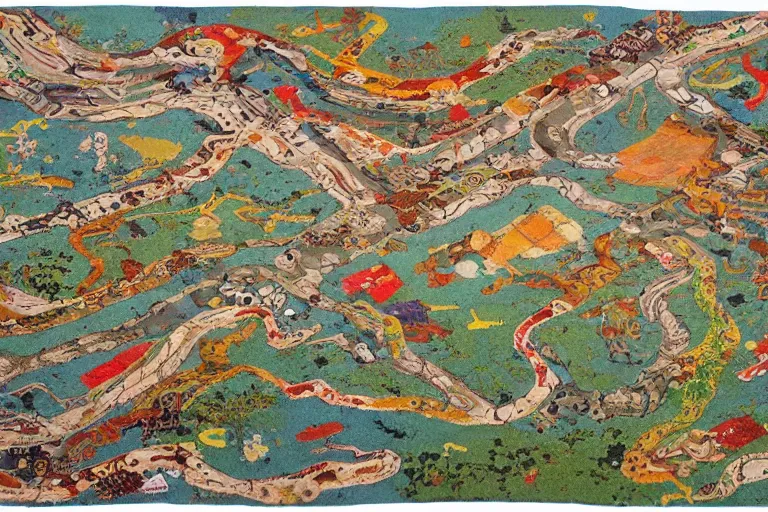 Prompt: an elaborate and dense painting of a kids road map carpet rug, detailed, made of alcohol ink on parchment and penned illustrations, by wes anderson and geoff darrow!!!!!