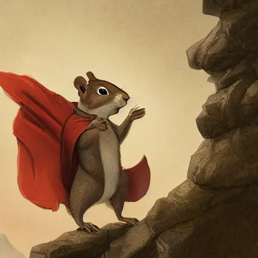 Prompt: Anthropomorphic Squirrel wearing a Cloak,looking over the mountains,by rossdraws and greg rutkowski,inspired by Leonardo DaVinci