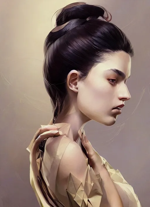 Image similar to a professional painting of a beautiful young female, wearing an origami kimono, olive skin, long dark hair, beautiful bone structure, symmetrical facial features, intricate, elegant, digital painting, concept art, smooth, sharp focus, illustration, from Metal Gear, by Ruan Jia and Mandy Jurgens and Artgerm and William-Adolphe Bouguerea