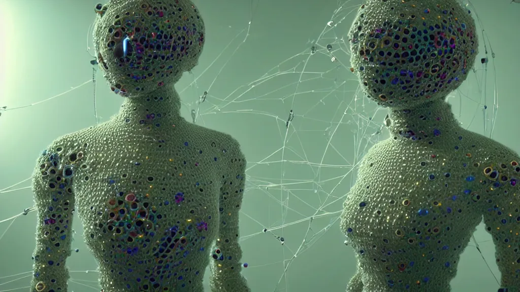 Image similar to a cybernetic symbiosis of a single astronaut mech-organic eva suit made of pearlescent wearing knitted shiny ceramic multi colored yarn thread infected with diamond 3d fractal lace iridescent bubble 3d skin dotted covered with orb stalks of insectoid compound eye camera lenses floats through the living room, film still from the movie directed by Denis Villeneuve with art direction by Salvador Dalí, wide lens,kevlar,carbon fiber,ceramics,gaseous materials,