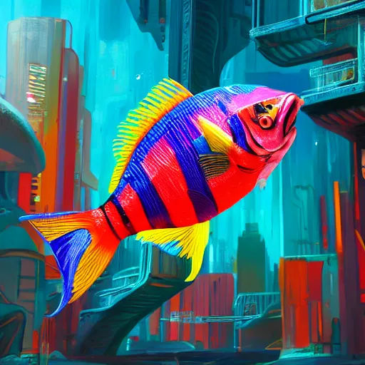 Prompt: fish pinata inside out, vivid color, highly detailed, cyberpunk, digital painting, artstation, concept art, matte, sharp focus