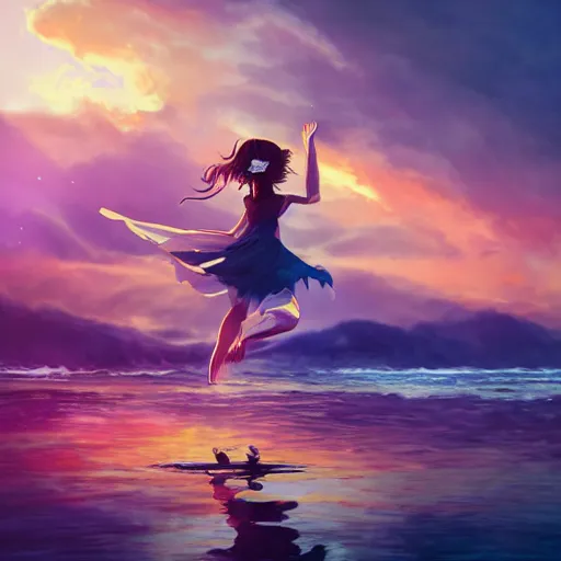 Image similar to A child dancing on water, evokes feelings of joy, beautiful flowing fabric, sunset, dramatic angle, realistic and detailed, by studio trigger, pixiv dslr photo by Makoto Shinkai rossdraws and Wojtek Fus