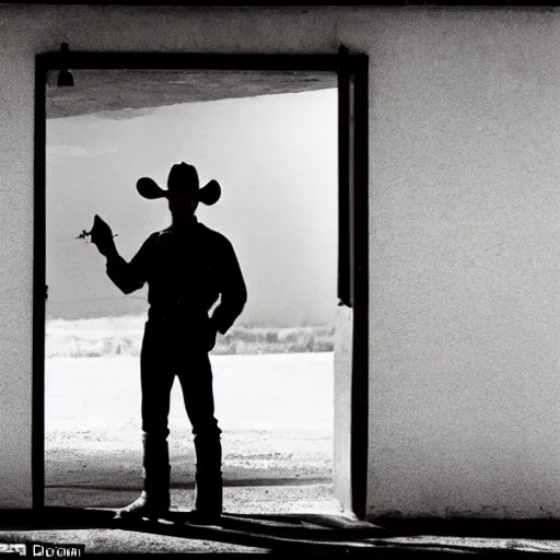 Image similar to a cowboy going through the door of an old gas station, Joshua Tree Park, dust flying, cinematography by Roger Deakins in cinemascope