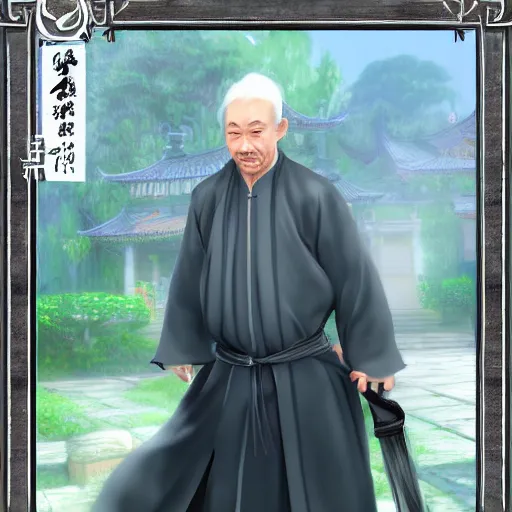 Image similar to portrait painting of a 6 0 year old kind handsome taoist priest ， looks like jie lott ， silver ponytail hair, amiable by yangjun chen ，, nadar, bright colors, octopath traveler, unreal engine 5 highly rendered, global illumination, radiant light, detailed and intricate environment