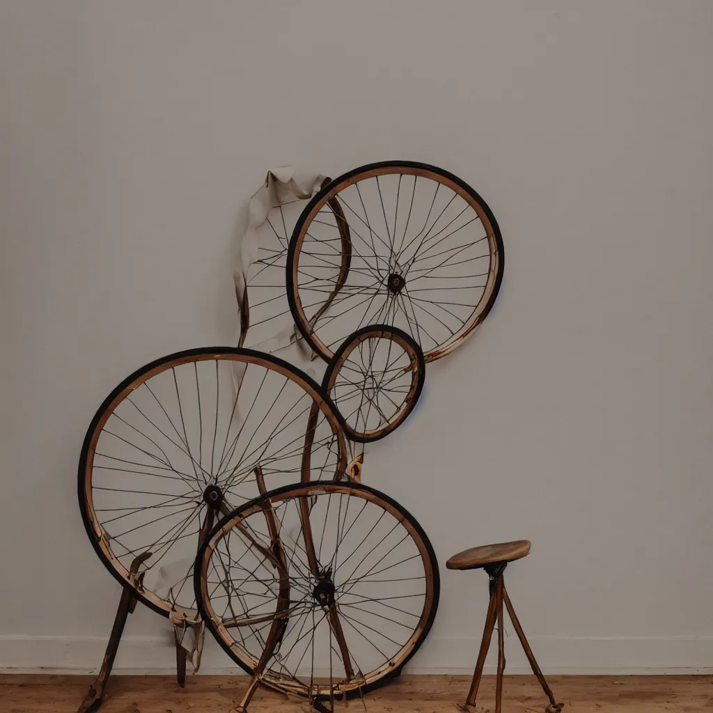 Prompt: color photograph of a bicycle wheel on top of wooden stool with three legs