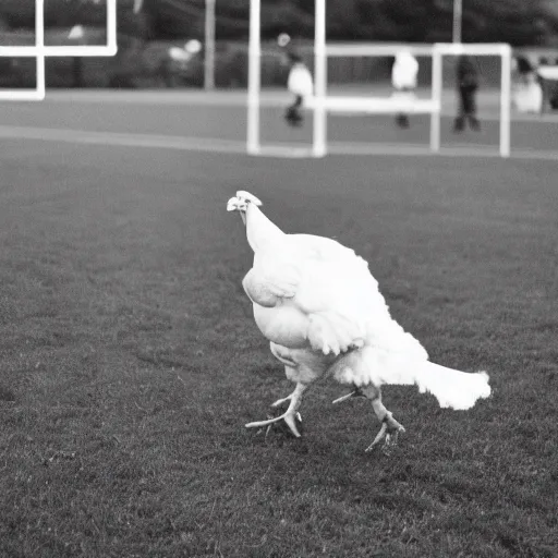 Image similar to the famous funky chicken runs across a football field, interrupting the big game, 3 5 mm