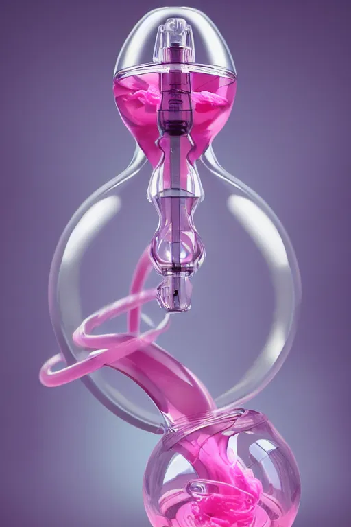 Prompt: Pink Vapor Inhalation Machine Connected to a Spherical Bottle of Pink Liquid by a Tube, Pink Vapor Leaking from an Oxygen Mask, beautiful woman, fantasy, magic, ultra detailed, digital art, trending on artstation, illustration, medical laboratory