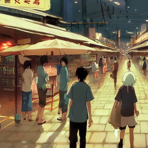 Image similar to The Wet Market at Tokyo Port, Anime concept art by Makoto Shinkai