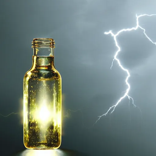 Prompt: Lightning bouncing around inside a clear glass bottle