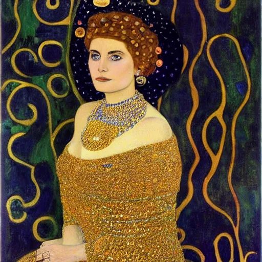 Image similar to a portrait of feminine benjamin netanyahu in gold garbs and jewels, by gustave klimt