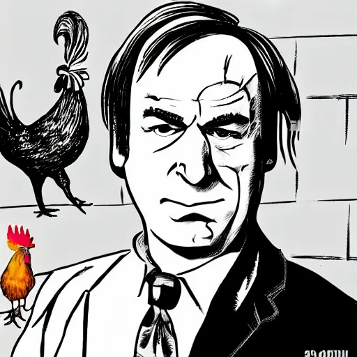 Image similar to saul goodman and a rooster in a medieval torture chamber, saw blades and knives in the background!!, horror movie, saul goodman!!!!!, rooster!!!!!, real life photo, detailed face