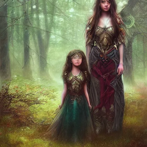 Image similar to portrait of sensual girl warrior and her daughter in a magical forest by leesha hannigan, fantasy, artwork, digital art, epic, highly detailed faces