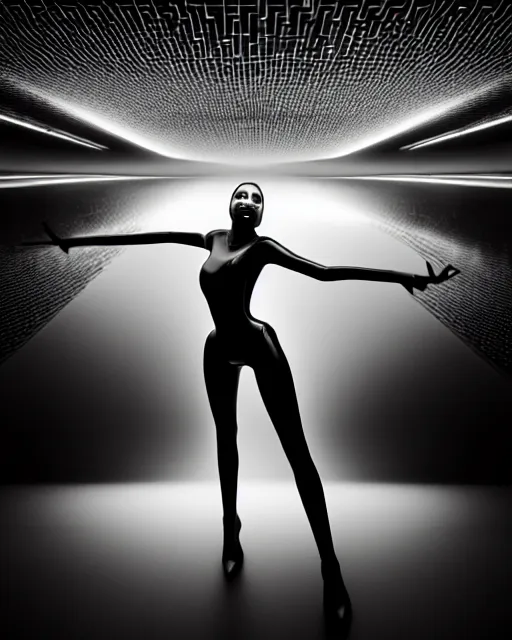 Image similar to black and white high quality photo of a beautiful futuristic dancing female human-AI-queen-insect-looking into a sci-fi mirror:: volumetric lighting, liminal space, brutalism, foggy, dreamy, hyperdetailed, bokeh, photorealistic, cinematic, masterpiece, Metropolis, elegant, dark, octane render, 8K, by Man Ray in the style of Dora Maar