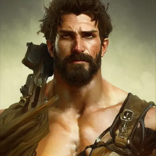 Image similar to portrait of rugged male ranger d & d muscular fantasy intricate elegant highly detailed digital painting artstation concept art smooth sharp focus illustration art by artgerm and greg rutkowski and alphonse mucha