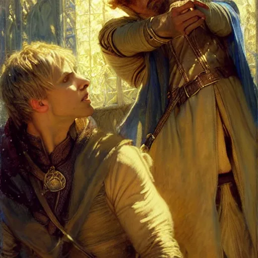 Image similar to stunning arthur pendragon in love with stunning male merlin the mage. they are close to each other, touching, looking. highly detailed painting by gaston bussiere, craig mullins, j. c. leyendecker