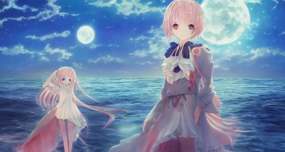 Prompt: one anime girl standing on a pier with the ocean as background at twilight, her blue shiny detailed eyes are looking at the camera, cute, big moon above the water, colorful, magical, detailed face, small nose and mouth, 8k, based on Puella Magi Madoka Magica