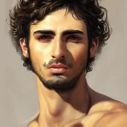 Prompt: portrait of a young italian male, dark shoulder length very curly hair, round nose, angular eyebrows, short patchy beard, closeup portrait, elegant, highly detailed, oil painting, artstation, concept art, matte, sharp focus, illustration, hearthstone, art by earl norem