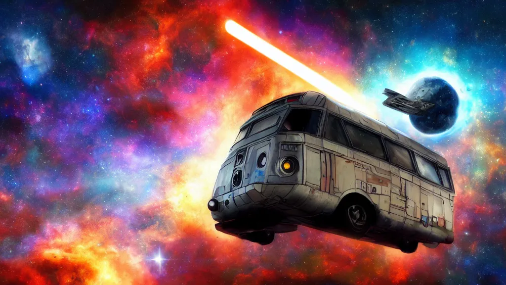 Image similar to a photorealistic concept art painting of a space van flying in front of a nebula, metal with graffiti on the side, star wars, 4 k hd wallpaper, premium prints available, hyper realistic, trending on artstation