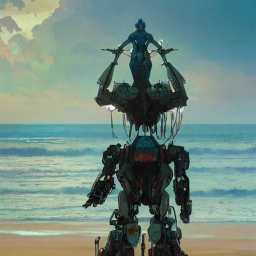 Prompt: giant robot is on an empty beach, at dusk, art by greg rutkowski and alphonse mucha. colorful, highly detailed, trending on artstation, 4 k, epic, cinematic lightning