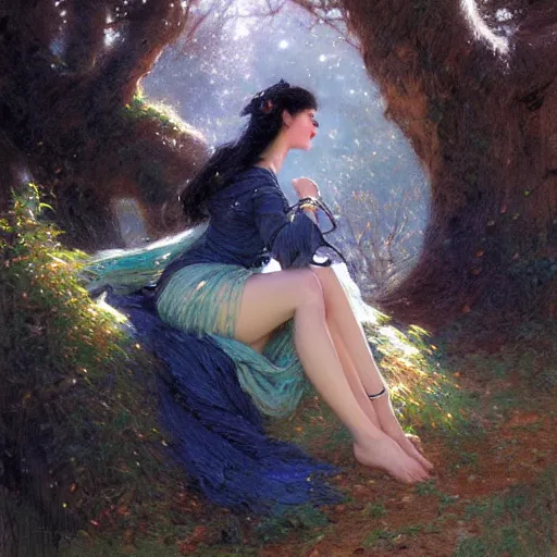 Prompt: portrait of a woman resting on a large tree, short black hair, decorative dark blue clothing, sharp focus, ultra realistic digital painting, colorful, cinematic lighting, high fantasy, intricate, highly detailed, smooth, elegant, gaston bussiere, bayard wu, greg rutkowski