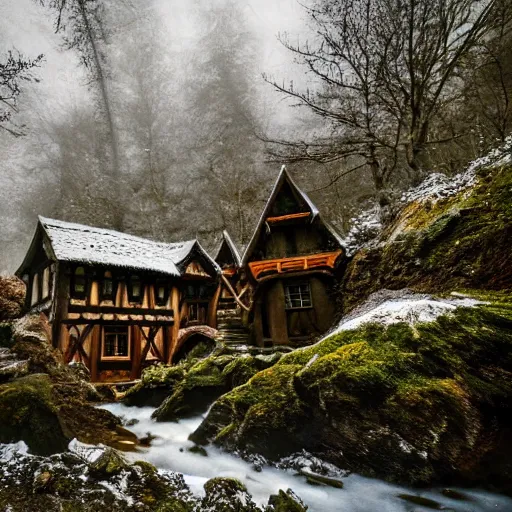 Image similar to inside a medieval hobbit home, ornate, beautiful, atmosphere, vibe, mist, smoke, chimney, rain, wet, pristine, puddles, waterfall, melting, snow, creek, lush, ice, bridge, forest, flowers, akihiko yoshida