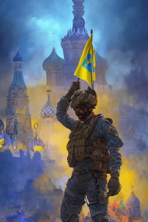 Prompt: special forces soldier raising ukrainian blue and yellow flag on red square kremlin, masculine figure, d & d, fantasy, bright atmosphere, volumetric lights, intricate, elegant, extremely detailed, digital painting, artstation, concept art, matte, smooth, sharp focus, hyper realistic, illustration, art by artgerm and greg rutkowski and alphonse mucha