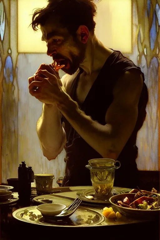 Image similar to hyperrealist portrait of a man eating dinner. by jeremy mann and alphonse mucha, fantasy art, photo realistic, dynamic lighting, artstation, poster, volumetric lighting, very detailed faces, 4 k, award winning