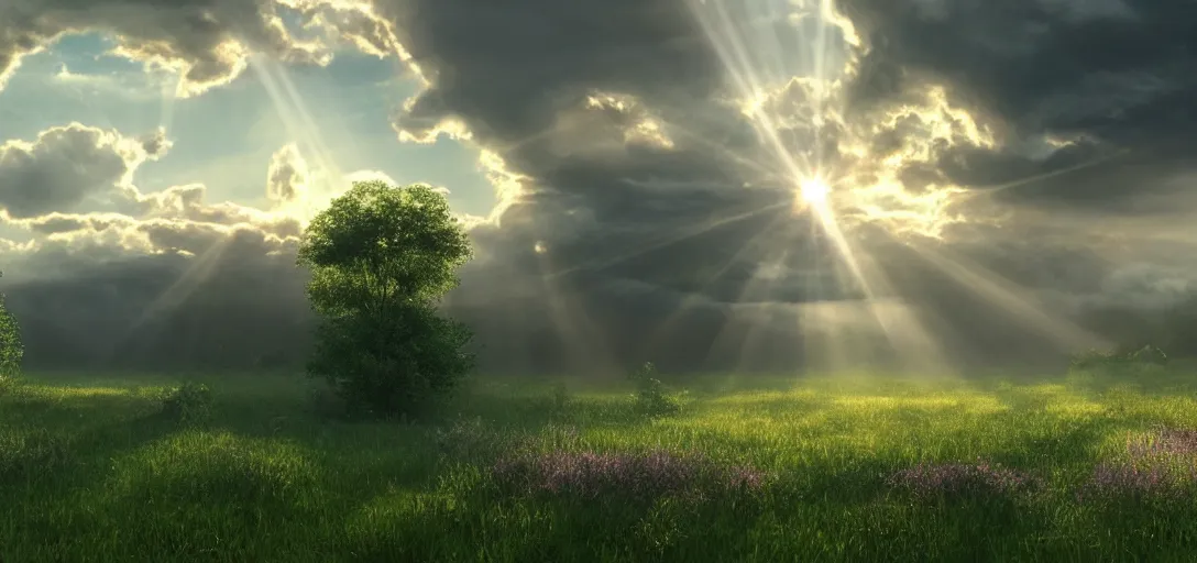 Image similar to a beautiful picture of a turbulent cloud over an idyllic meadow, bright god rays breaking through, intricate detail, sunset, serene, hazy, volumetric lighting, volumetric clouds, 8 k, hyperrealistic, digital art trending on artstation